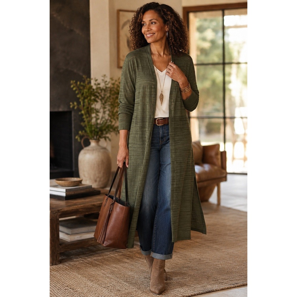Chicos Open Front Green Textured Maxi Cardigan Open Knit‎ Size 1 (US Size M)